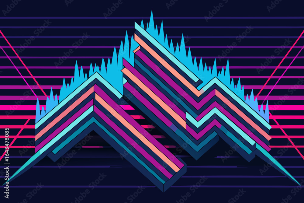 Poster dynamic abstract mountain peaks rendered with vibrant neon stripes and geometric lines create a retr