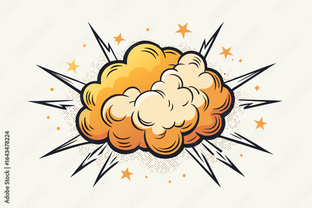 Poster dynamic comic book explosion effect with vibrant orange cloud, sharp black rays, and scattered stars