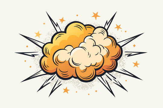 Dynamic comic book explosion effect with vibrant orange cloud, sharp black rays, and scattered stars creating a burst of energy perfect for action-packed designs and impactful visual statements.