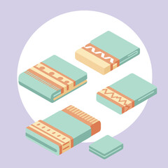 Pastel colored textiles displayed in various orientations against a light purple background. Colorful patterned wraps arranged in an isometric view.