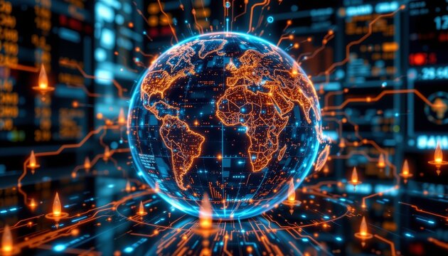 Digital earth globe with glowing details global innovation hub 3d visualization tech environment futuristic perspective