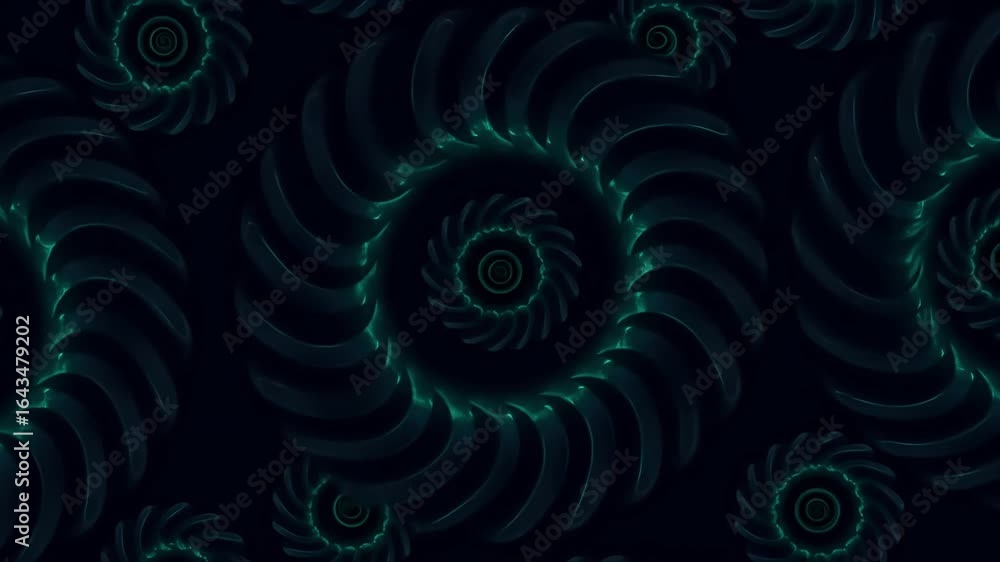 Poster abstract spiral patterns with glowing edges, creating a mesmerizing visual effect in a dark backgrou