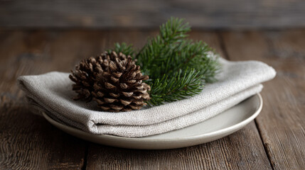 Pinecone and evergreen branch on linen napkin create rustic holiday decor