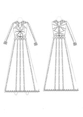 Traditional dress design sketch with ornamental floral and swirl patterns, front and back view