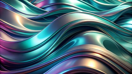 Mesmerizing abstract waves of iridescent metallic material reflecting shimmering teal purple and gold light