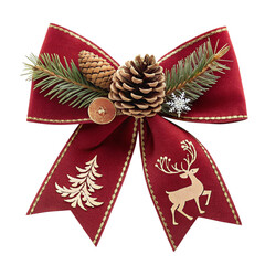 Festive red christmas bow with pinecone fir branches and reindeer decoration isolated on transparent background