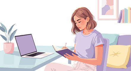 Focused woman studying and writing notes with laptop nearby in cozy room