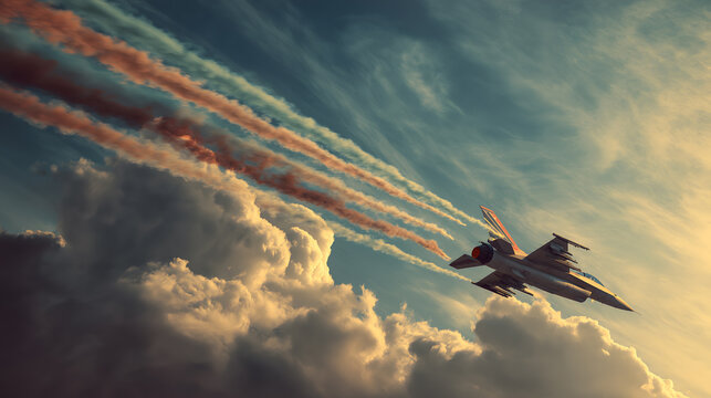 Indian fighter jet flying in sky with clouds during sunset leaving Indian flag tricolor smoke behind- Independence Day concept