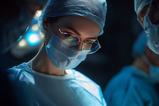 Focused female surgeon in operating room, wearing mask and glasses during critical procedure. Concept for healthcare, surgical intervention and medical research