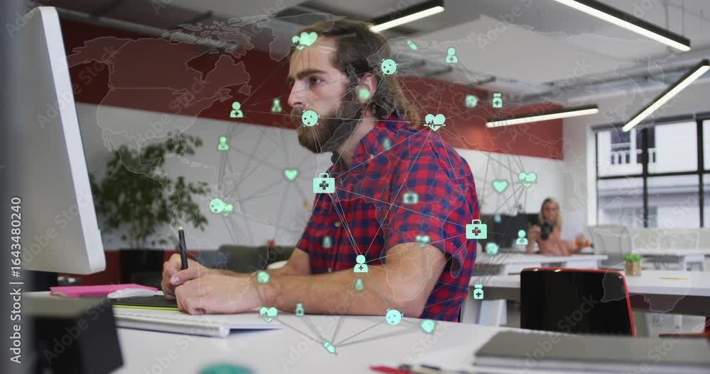 Aufkleber man dragging stylus and typing in tech office, growing animated data network mapping connections