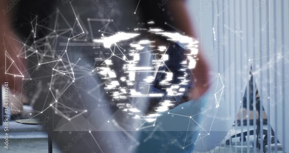 Poster network nodes drifting into glowing shield lock while user tapping phone for cybersecurity