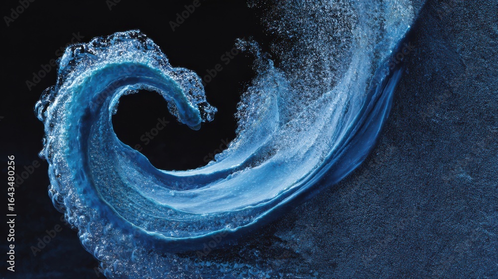 Poster majestic wave splashing with dynamic energy and translucent blue tones in dark background