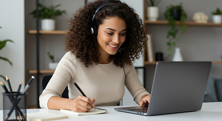 Smiling young woman working from home, wearing headphones and writing notes.
