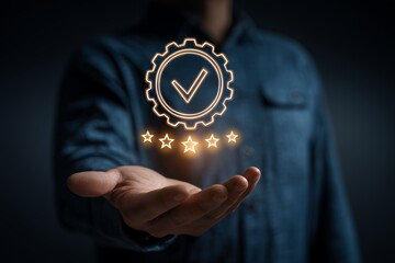 A hand presents glowing gear icon with check and five stars on dark background. Concept for quality control, performance measurement and standards assurance