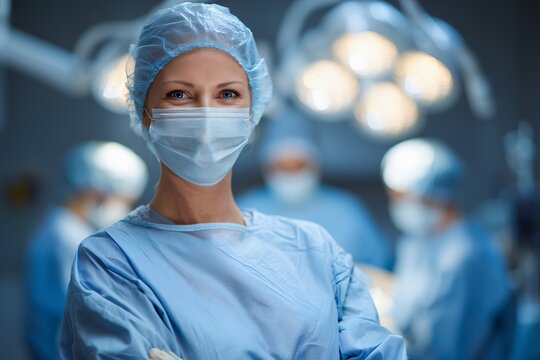 Focused female surgeon wearing protective gear in the operating room setting with colleagues. Concept for surgical procedures, medical treatments and hospital environment