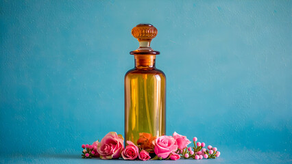 Amber Perfume Bottle with Pink Flowers on Aqua Background in vintage film look, faded tones, film grain texture, nostalgic romantic atmosphere