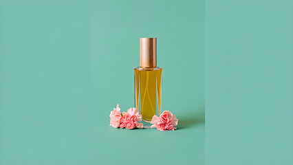 Amber Perfume Bottle with Pink Flowers on Aqua Background in vintage film look, faded tones, film grain texture, nostalgic romantic atmosphere