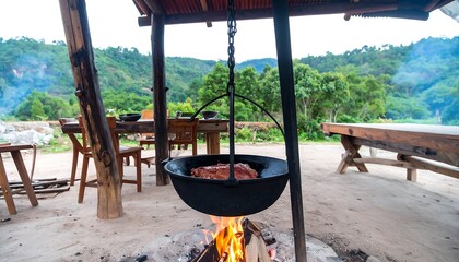 Outdoor cooking pot over campfire