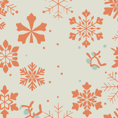 Winter snowflake pattern with muted colors in a neutral setting. Abstract design with orange and light gray snowflakes and triangular shapes, adding a wintery atmosphere.