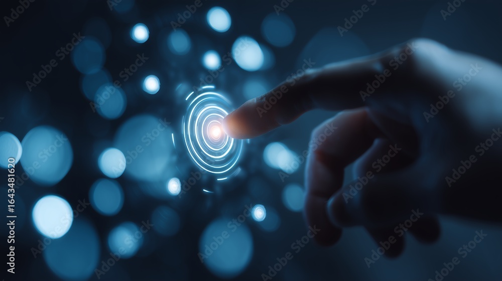 Poster close-up finger touching glowing futuristic interface button with bokeh light effects. concept for d