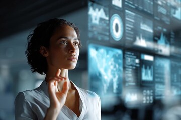 Futuristic office scene with businesswoman interacting with glowing holographic financial charts. - Powered by Adobe
