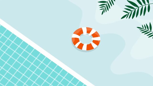 Swimming pool top view with lifebuoy soft water texture and leafy edges in bright blue layout