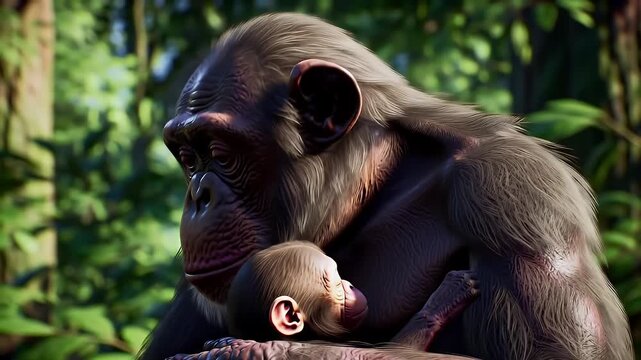 A Tender Moment Close Up of a Chimpanzee Mother Cradling Her Infant in Lush Green Forest Environment Displaying a Beautiful Maternal Bond with Natural Lighting, and Detailed Textures and Fur