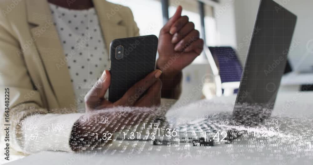 Poster Office worker lifting smartphone from desk and scrolling floating charts analyzing business metrics