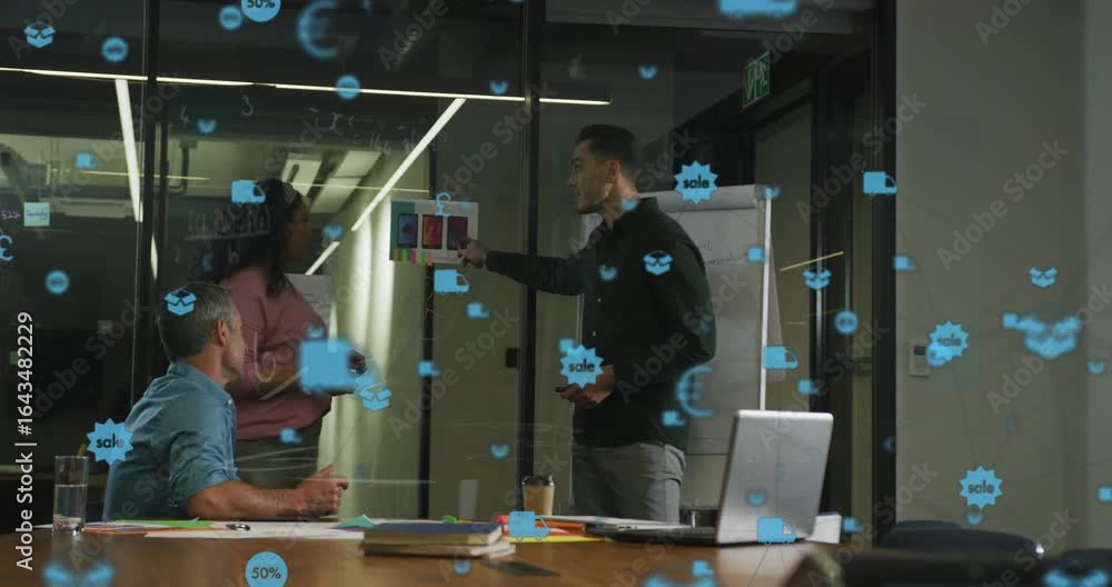 Aufkleber business meeting starting triggers overlay while colleagues sorting metrics on glass for analysis
