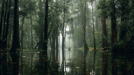 Serene misty forest with tall trees and calm water reflecting the tranquil atmosphere.