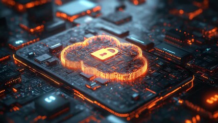 Cloud computing security concept featuring glowing orange cloud and lock icons on futuristic digital circuit board, symbolizing advanced data protection technology and cybersecurity lock mechanisms - Powered by Adobe