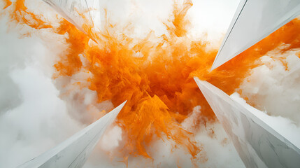 Abstract composition featuring angular shapes intersecting with vibrant orange plumes and ethereal wisps, creating a dynamic and visually striking scene.