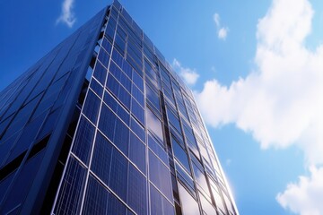 Solar panels reflect sunlight on a modern building against a clear blue sky