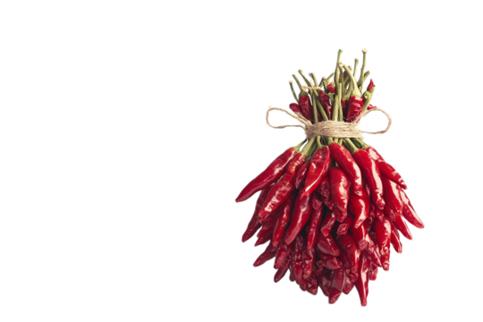 Vibrant bundle of spicy red chili peppers tied together on transparent background