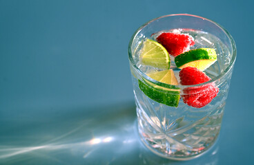 A refreshing drink served in a clear crystal glass, filled with sparkling water, lime wedges, and fresh raspberries on a cool blue background