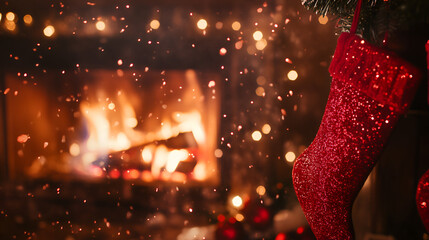 Festive red stockings hang near a warm fireplace, creating a cozy and inviting holiday atmosphere with glowing lights and a sense of joyful anticipation.