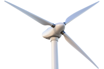 Modern wind turbine with three blades closeup on transparent background