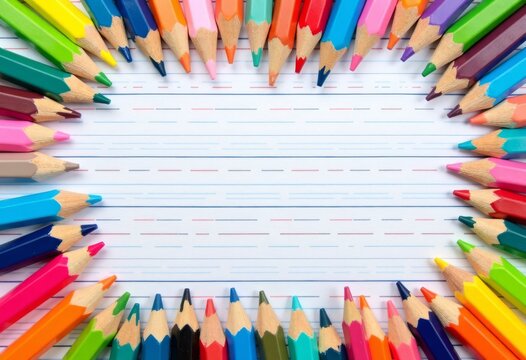 Colorful pencils arranged in circular frame on lined school paper. Perfect back to school or education background with vibrant stationery and copy space in the center for text or message.