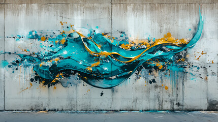Dynamic abstract mural artfully combines teal and gold hues, creating a captivating visual display on a textured concrete .