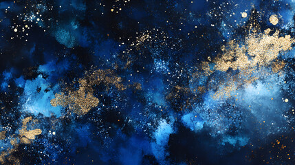 An ethereal abstract painting evokes the cosmos with swirling blues, shimmering gold accents, and a scattering of stardust, creating a dreamy and celestial atmosphere.