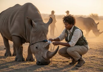 september event wildlife conservationist attaching tracker to rhinoceros