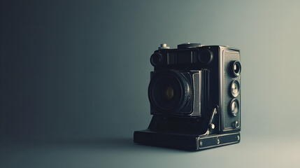 An antique medium format camera stands elegantly, showcasing its vintage design and intricate details, a testament to the history of photographic technology.