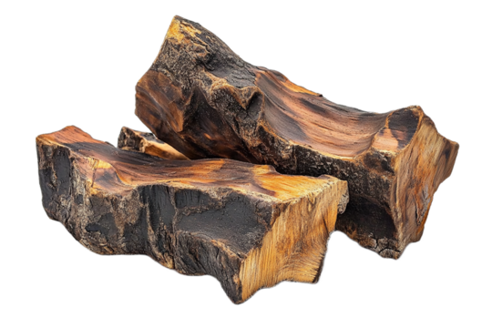 Striking close-up of sandalwood logs showcasing texture and color on transparent background