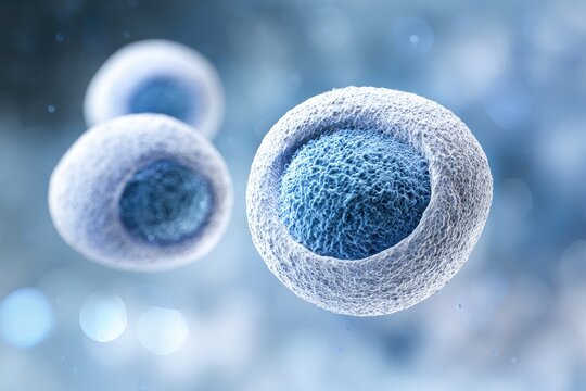 Close-up of three cells, light-blue, textured,  floating