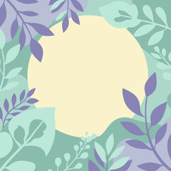 Abstract floral border design with pale pastel colors. Empty space for text or imagery. Modern, minimalist background with a pastel palette of greens and lavenders.