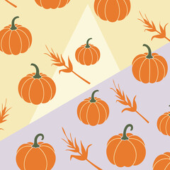 Pumpkin and wheat pattern on a pastel background. Abstract design with geometric shapes and repeating elements. No specific person or location.. Visual asset for autumnal themes.