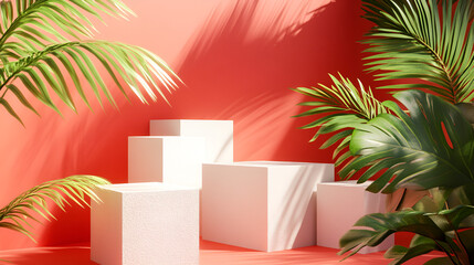 Geometric podiums create a captivating display amidst lush tropical foliage, casting intriguing shadows for a vibrant and inviting presentation.