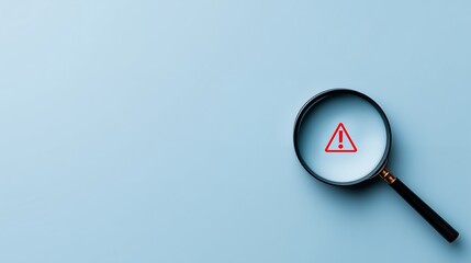 Magnifying glass focuses on red alert sign against a pastel blue background, concept for hazard analysis, risk management, and caution awareness