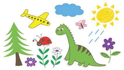 Colorful cartoon illustration of dinosaur in a sunny landscape with flowers