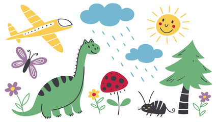 Colorful cartoon illustration of dinosaur and various whimsical elements in a landscape